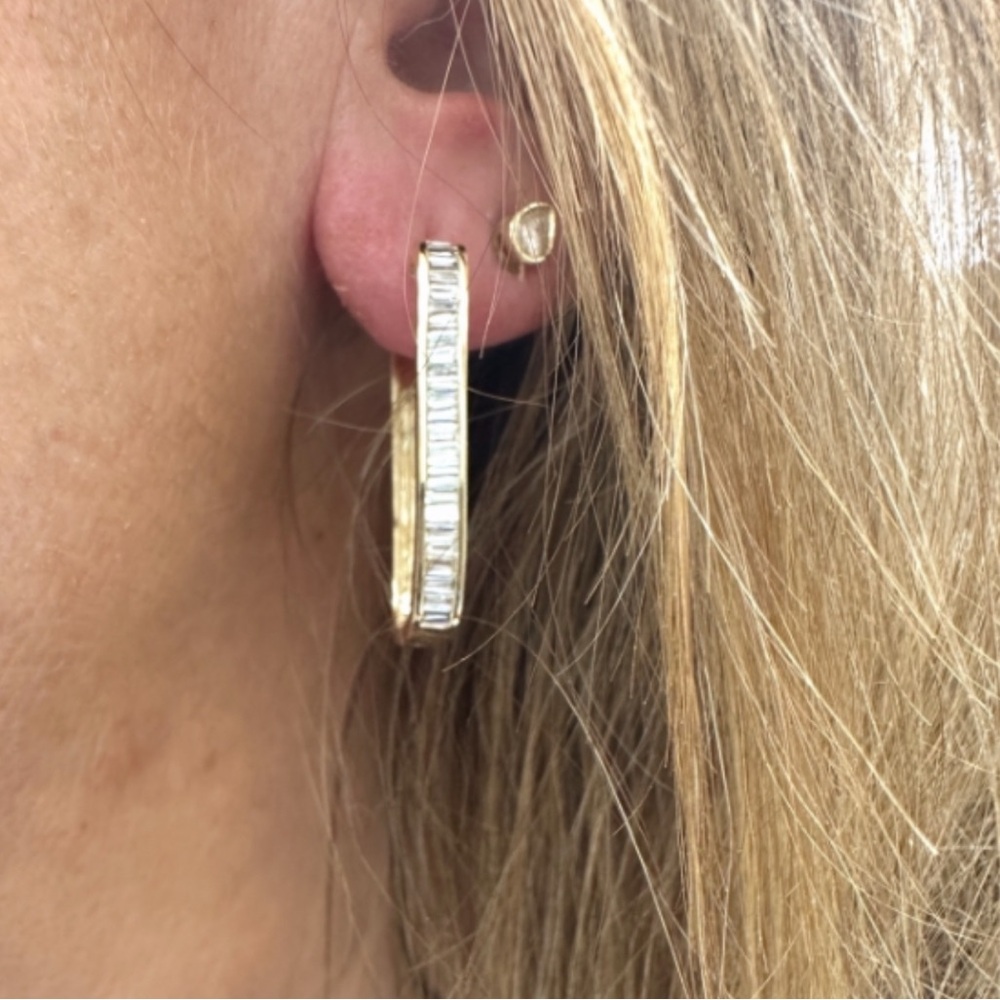 Gold and Baguette Square Diamond Hoop Earrings